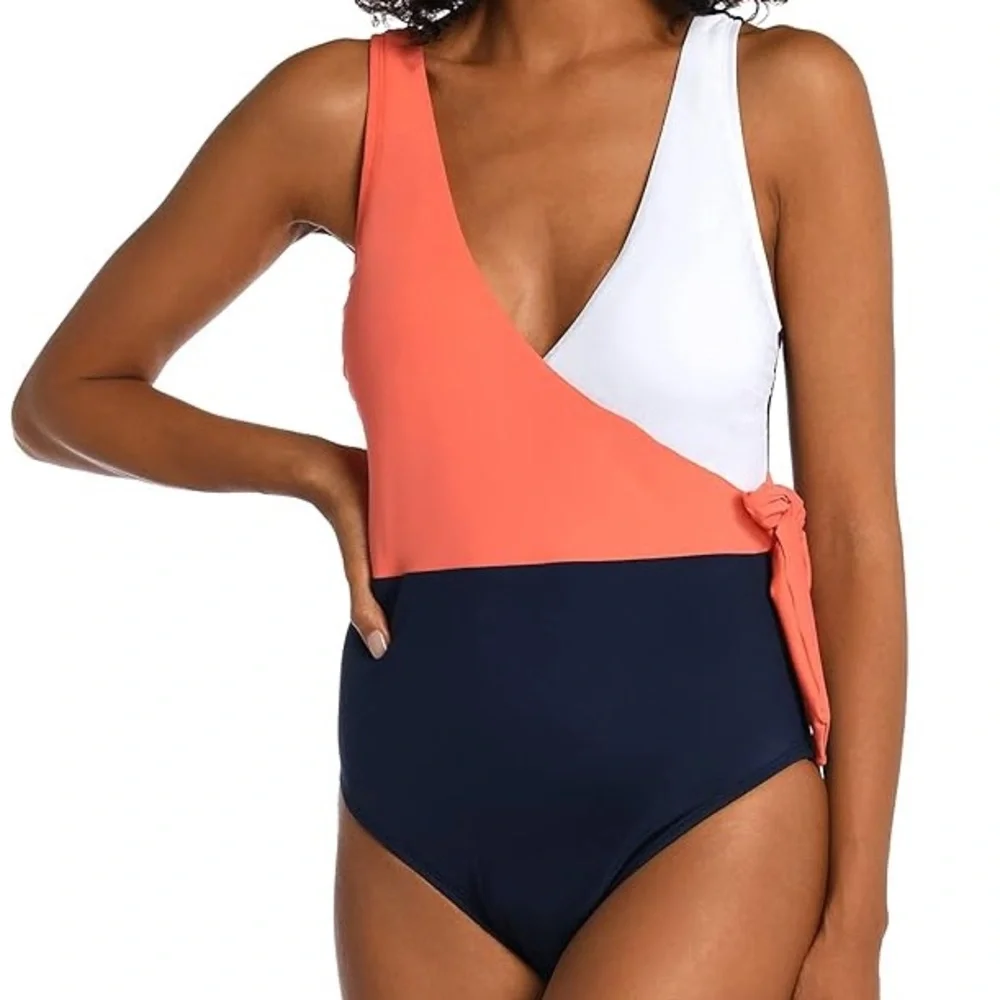 CUPSHE Colorblock One Piece Swimsuit Coral Multi /Plunge Bodysuit Size Large NWT